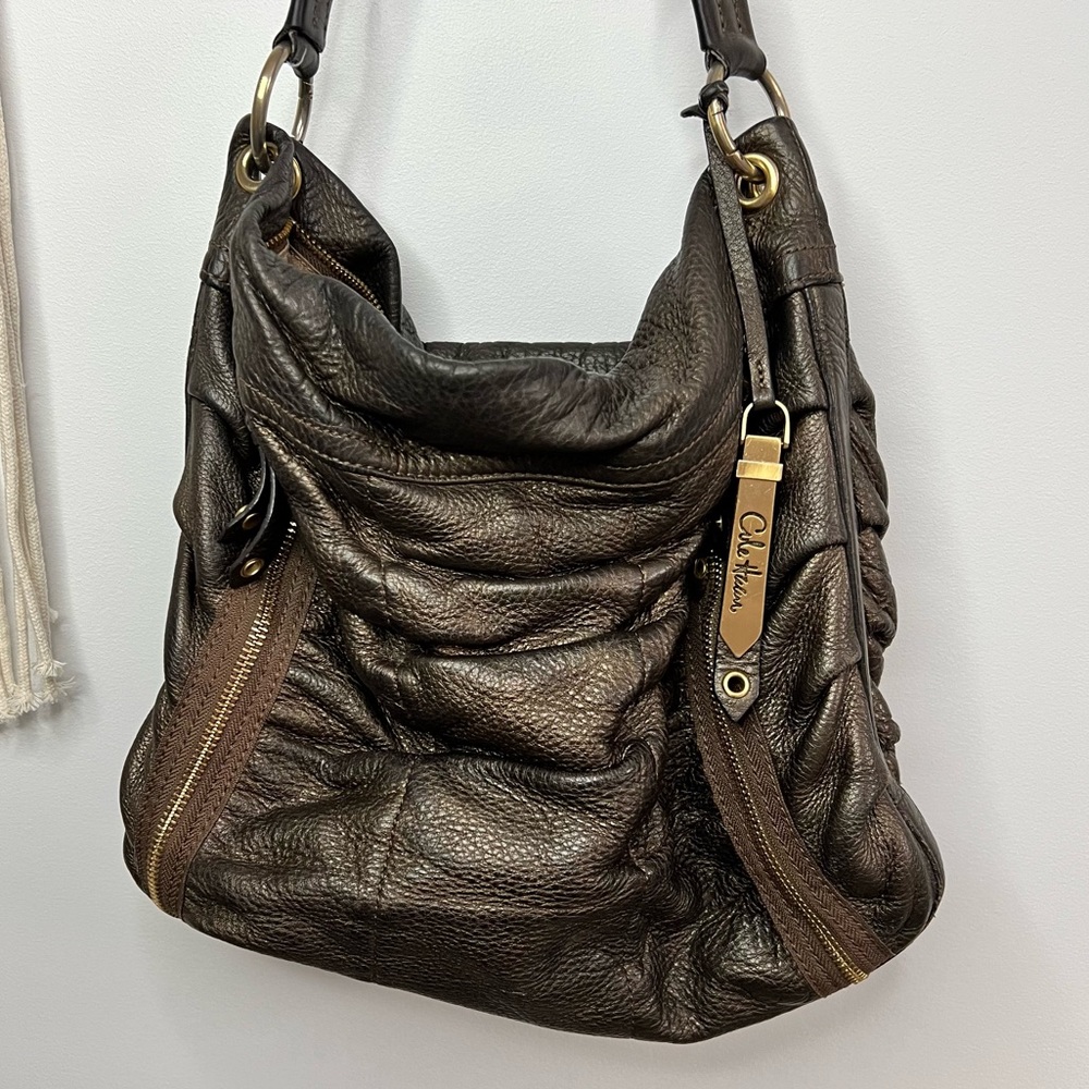 Slouchy Bronze leather Cole Haan bag with gold accents